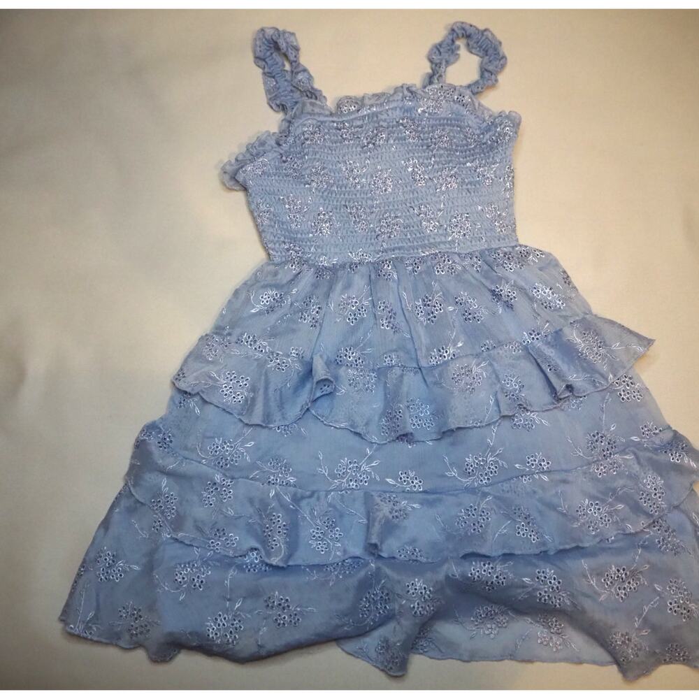 Rare Editions Girls Size 10 Blue Eyelet Smocked Tiered Open Back Party Dress